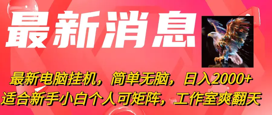 最新电脑挂机，简单无脑，日入2000+适合新手小白个人可矩阵，工作室爽翻天-王总副业网