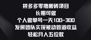 拼多多零撸搬砖项目,长期可做,个人做单号一天一两张,发展团队实现被动管道收益-王总副业网