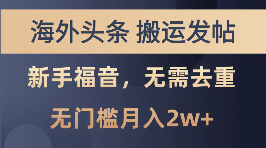 海外头条搬运发帖，新手福音，甚至无需去重，无门槛月入2w+-王总副业网