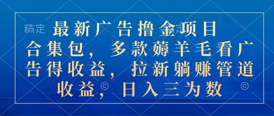 最新广告撸金项目合集包，多款薅羊毛看广告收益 拉新管道收益，日入三位数-王总副业网