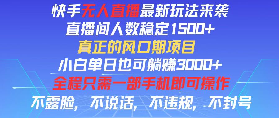 快手无人直播全新玩法，直播间人数稳定1500+，小白单日也可躺赚3000+-王总副业网