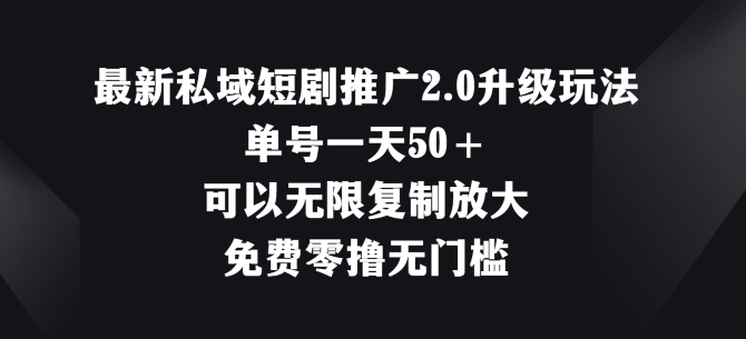 最新私域短剧推广2.0升级玩法，单号一天50+免费零撸无门槛-王总副业网