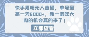 快手男粉无人直播,单号最高一天6000+,新一波吃大肉的机会真的来了-王总副业网