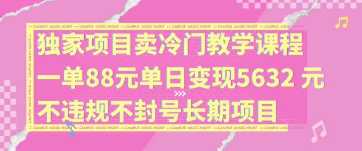 独家项目卖冷门教学课程，一单88元，单日变现5632元，不违规不封号，长期项目-王总副业网