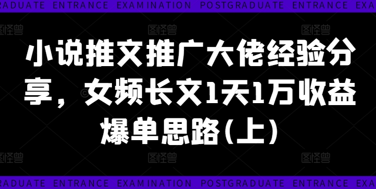 小说推文推广大佬经验分享，女频长文1天1万收益爆单思路(上)-王总副业网