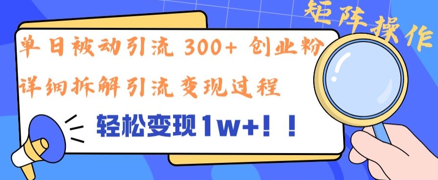 单日被动引流300+创业粉，轻松变现1w+，矩阵操作详细拆解引流变现过程-王总副业网