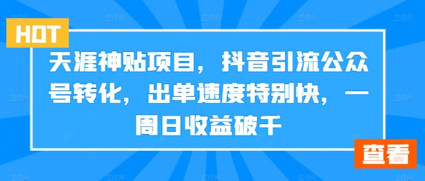 天涯神贴项目，抖音引流公众号转化，出单速度特别快，一周日收益破千-王总副业网