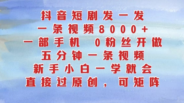 抖音短剧发一发，五分钟一条视频，新手小白一学就会，只要一部手机，0粉丝即可操作-王总副业网