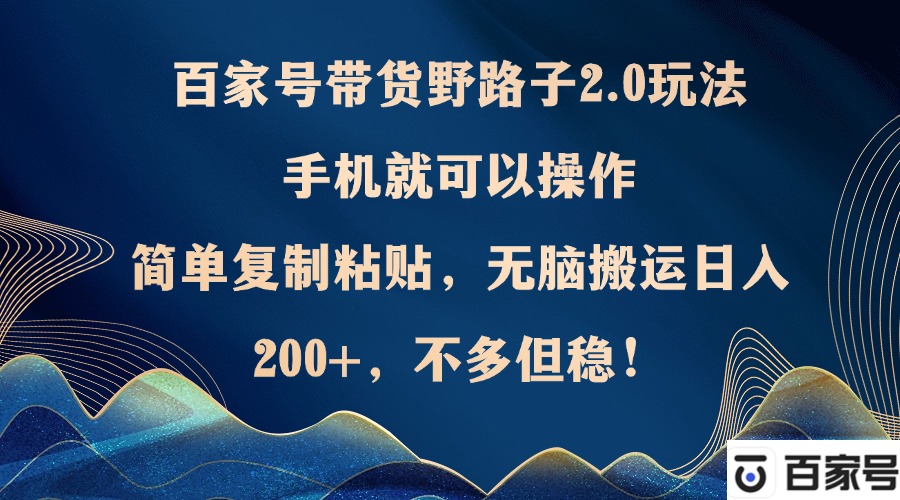 百家号带货野路子2.0玩法，手机就可以操作，简单复制粘贴，无脑搬运日入200+，不多但稳定-王总副业网