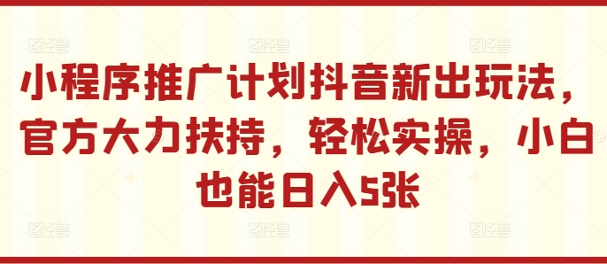 小程序推广计划抖音新出玩法，官方大力扶持，轻松实操，小白也能日入5张-王总副业网