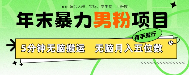 年末暴力男粉项目，5分钟无脑搬运，无脑月入五位数，举一反三，放大收益-王总副业网