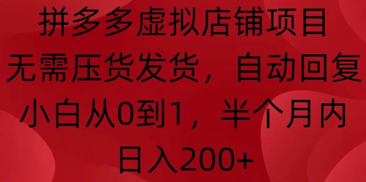 拼多多虚拟店铺项目，无需压货发货，自动回复，小白从0到1，半个月内日入200+-王总副业网