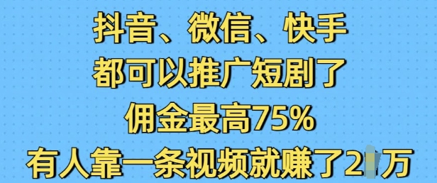 抖音微信快手都可以推广短剧了，佣金最高75%，有人靠一条视频就挣了2W-王总副业网