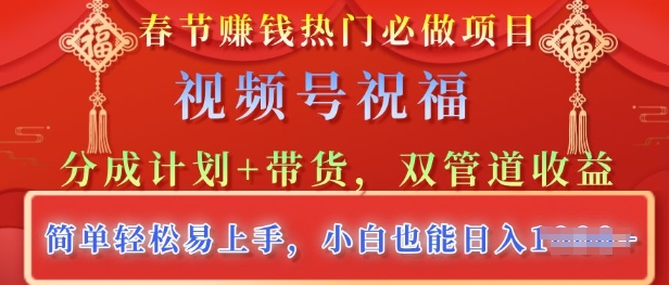 春节热门必做项目，视频号祝福，分成计划+带货，双管道收益，简单轻松易上手，小白也能日入多张-王总副业网